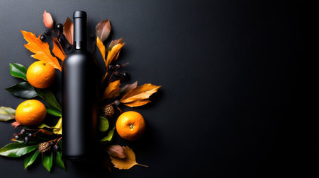 A bottle of wine is surrounded by oranges and leaves. The bottle is black and the oranges are orange. The leaves are green and brown. The image has a warm and inviting moodの素材