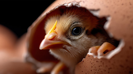 A baby chick peeks out of an egg. The chick is small and has a yellow beakの素材