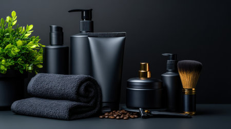 A collection of black beauty products including a brush, a bottle of lotion, and a bottle of perfumeの素材