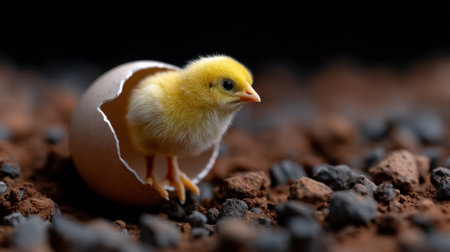 A baby chick is pecking its way out of an egg. The chick is small and yellow, and it is surrounded by a pile of rocks. Concept of new life and growthの素材
