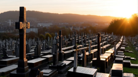 A cemetery with many graves and a large cross. The sun is setting in the background. Scene is somber and peacefulの素材
