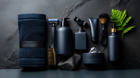 A collection of personal care items, including a toothbrush, razor, and shaving cream, are arranged on a countertopの素材