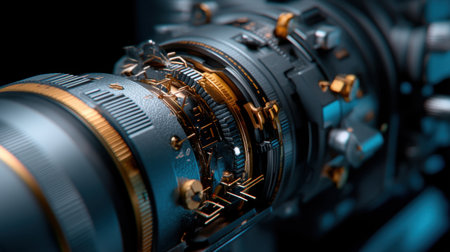 A close up of a camera lens with a lot of gears and metal parts. The lens is made of metal and has a lot of intricate parts. Concept of complexity and sophisticationの素材