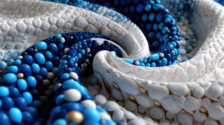 A blue and white fabric with a spiral design. The blue and white colors create a sense of calmness and serenity. The spiral design adds a sense of movement and energy to the fabricの素材