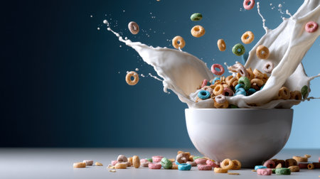 A bowl of cereal is falling into a bowl of milk. The cereal is colorful and the milk is whiteの素材