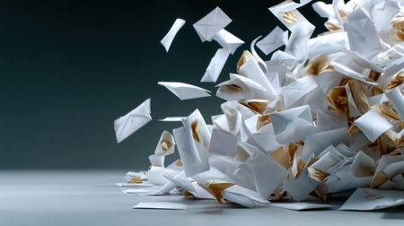 A pile of white envelopes with some brown spots on them. The envelopes are scattered all over the ground, and some of them are torn. Concept of chaos and disarrayの素材