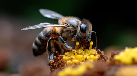 A bee is eating a yellow flower. The flower is yellow and has a brown centerの素材