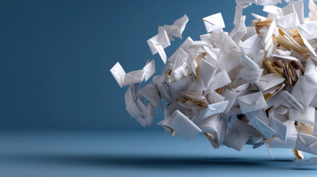 A pile of white envelopes is scattered across a blue background. The envelopes are crumpled and torn, giving the impression of chaos and disarrayの素材