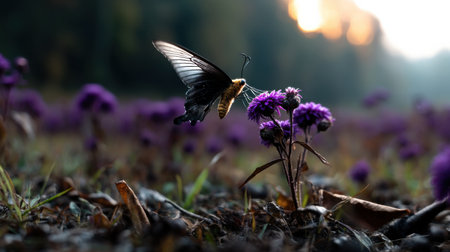 A butterfly is flying over a field of purple flowers. Concept of freedom and beauty, as the butterfly gracefully flutters through the air, surrounded by the vibrant colors of the flowersの素材
