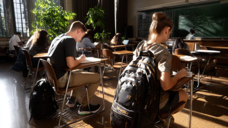 A classroom with students sitting at desks and one girl wearing a face mask. The girl with the mask is sitting in the back of the roomの素材
