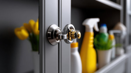 A cabinet with a gold knob and a yellow bottle of cleaner. The bottle is on the shelf next to the knobの素材