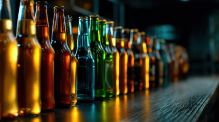 A row of beer bottles on a bar counter. The bottles are of different colors and sizes. Concept of variety and abundance, suggesting that the bar offers a wide selection of drinks for its customersの素材
