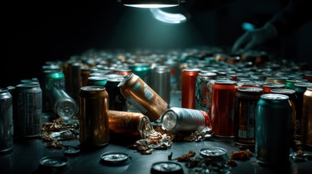 A pile of empty cans of soda on a table. Scene is one of waste and excessの素材