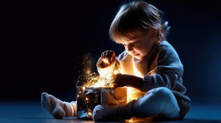 A young child is sitting on the floor and opening a box. The scene is dark and mysterious, with the child's face illuminated by the light coming from the box. Scene is one of curiosity and wonderの素材