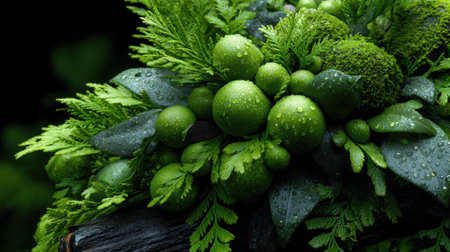 A bunch of green leaves and small green balls are on a branch. The leaves are wet and the balls are shinyの素材