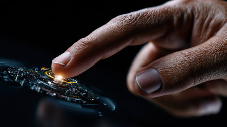 A hand is touching a screen with a glowing dot. Concept of curiosity and exploration, as the person is reaching out to interact with the digital worldの素材