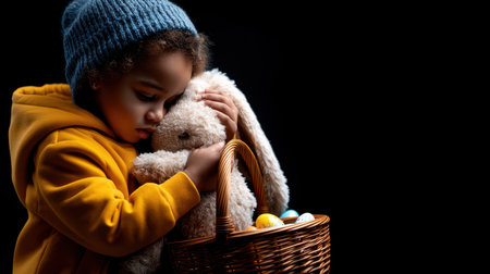A young child is holding a stuffed rabbit in a basket. The child is wearing a yellow jacket and has a blue hat on. The scene is set in a dark room, which adds to the mood of the imageの素材
