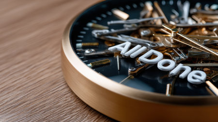 A clock with the word All Done written on it. The clock is made of metal and has a gold frameの素材