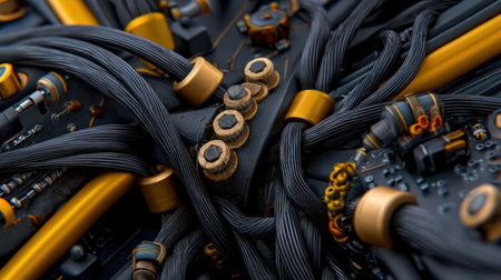 A close up of wires and cables with a yellow and black color scheme. The wires are twisted and tangled, creating a sense of chaos and disarray. The image conveys a feeling of confusion and disorderの素材