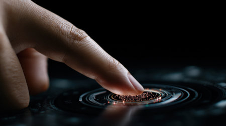 A hand is pointing to a glowing circle on a black background. Concept of curiosity and wonder, as the hand seems to be drawn to the glowing circleの素材