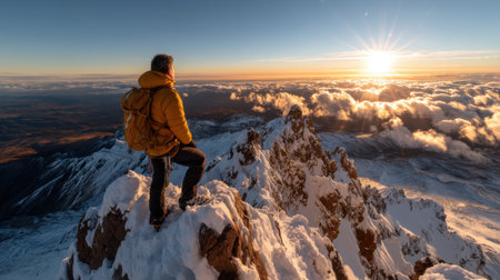 A man is standing on a snow-covered mountain peak, looking out at the beautiful sunrise. The sky is filled with clouds, and the sun is just beginning to rise, casting a warm glow over the landscapeの素材