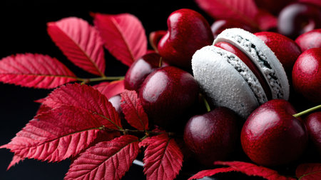 A beautiful arrangement of cherries and macaroons on a plate, with red leaves in the background. The cherries are ripe and juicy, while the macaroons are light and fluffyの素材