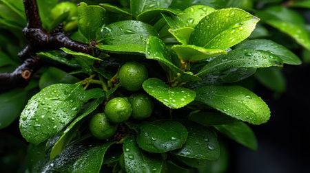 A lush green plant with leaves that are wet from rain. The leaves are full of small green fruits, which are clustered togetherの素材