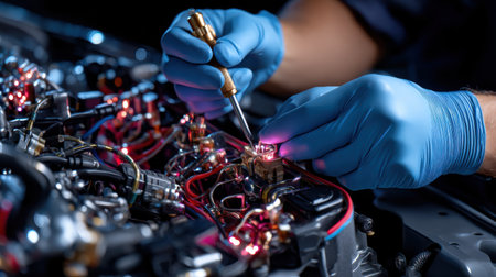 A man is working on a car engine with a soldering iron. Concept of precision and technical skill, as the man carefully handles the delicate components of the engineの素材