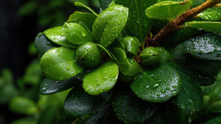 The leaves of a plant are wet and shiny, reflecting the light. Concept of freshness and vitality, as the water droplets on the leaves give the impression of a healthy and thriving plantの素材