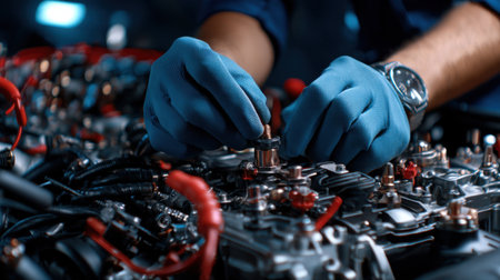 A man is working on a car engine, wearing blue gloves. Concept of precision and expertise, as the man carefully handles the engine partsの素材