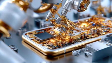 A gold colored cell phone is being assembled by a robot. The robot is working on the phone's internal components, and the phone is surrounded by a silver frame. Concept of precision and efficiencyの素材