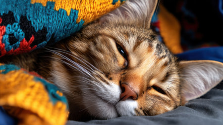 A cat is sleeping on a blanket. The blanket is colorful and has a pattern. The cat is curled up and he is very relaxedの素材