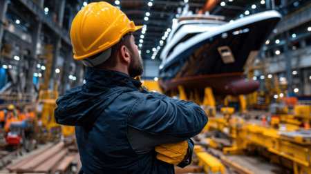A man in a yellow helmet is standing in front of a large ship. He is wearing a black jacket and glovesの素材