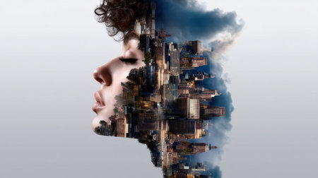 A woman's face is shown in a cityscape, with the buildings and city lights creating a dreamy, surreal atmosphereの素材