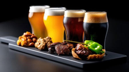 A black tray with a variety of food and drinks, including beer and a green pepper. The tray is set up for a party or gathering, and the food and drinks are arranged in a visually appealing wayの素材