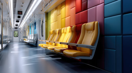 A colorful train with yellow seats and a clock on the wall. The train is emptyの素材