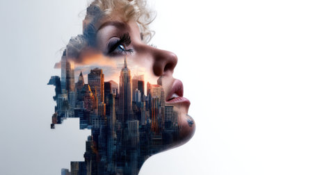 A woman's face is shown in a cityscape, with the city buildings and skyline surrounding her. The image has a dreamy, surreal quality to it, as if the woman is a part of the city itselfの素材