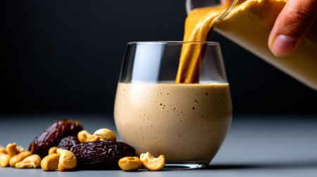 A person is pouring a beverage into a glass, which is filled with nuts. The scene is set on a table, and the person appears to be in a relaxed and peaceful stateの素材