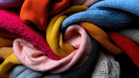 A pile of colorful knitwear is shown in a close up. The colors are bright and the pile is very largeの素材