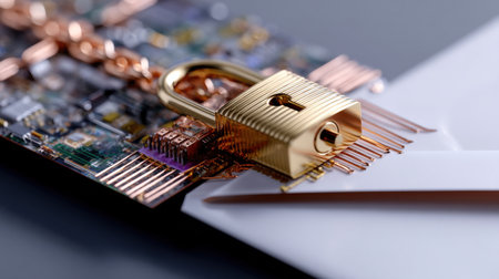 A gold key is on top of a piece of electronic equipment. Concept of security and protection, as the key is used to lock and secure the deviceの素材