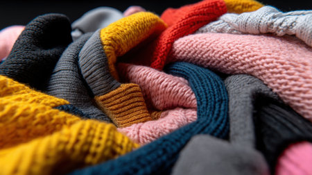 A pile of colorful knit sweaters. The colors are bright and cheerful, and the pile is quite largeの素材
