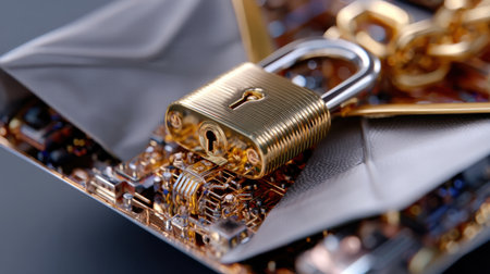 A gold and silver lock is on top of a piece of paper. The lock is surrounded by a lot of other small objects, including a key. The image has a futuristic and industrial feel to it, with the lockの素材