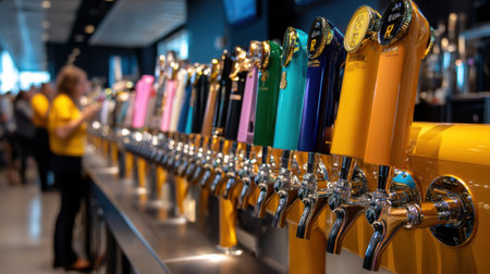A row of beer taps with a woman in a yellow shirt looking at them. The taps are in various colors and the woman is looking at them with interestの素材