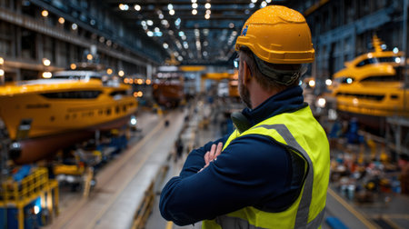 A man in a yellow vest stands in front of a large yellow boat. He is wearing a hard hat and is looking at the boatの素材