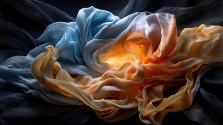 A piece of fabric with a blue and orange swirl pattern. The blue and orange colors are intertwined, creating a sense of harmony and balance. The fabric appears to be draped over a surfaceの素材