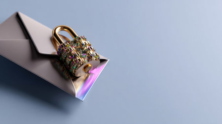 A lock is on top of an envelope. The lock is gold and has a lot of jewels on it. The envelope is whiteの素材