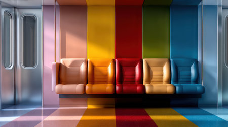 A colorful train car with four seats in a row. The seats are in different colors, and the train car is emptyの素材