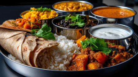 A plate of food with a variety of dishes including rice, beans, and vegetables. The plate is silver and has a bowl of white sauce on itの素材