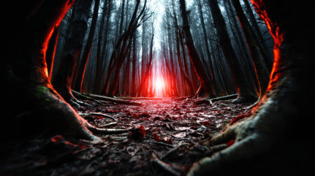 A forest with a red sun in the middle. The sun is surrounded by trees and the forest is darkの素材