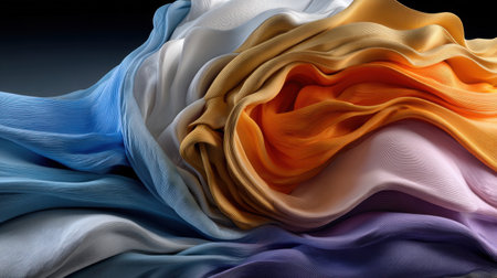 A colorful pile of fabric with a blue and white piece in the middle. The colors are bright and vibrant, creating a sense of energy and excitementの素材